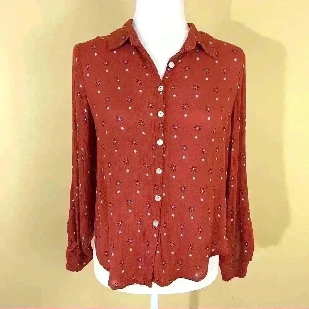 Francesca Harper 100% Rayon Burnt Orange Floral Button Down Shirt Size XXS